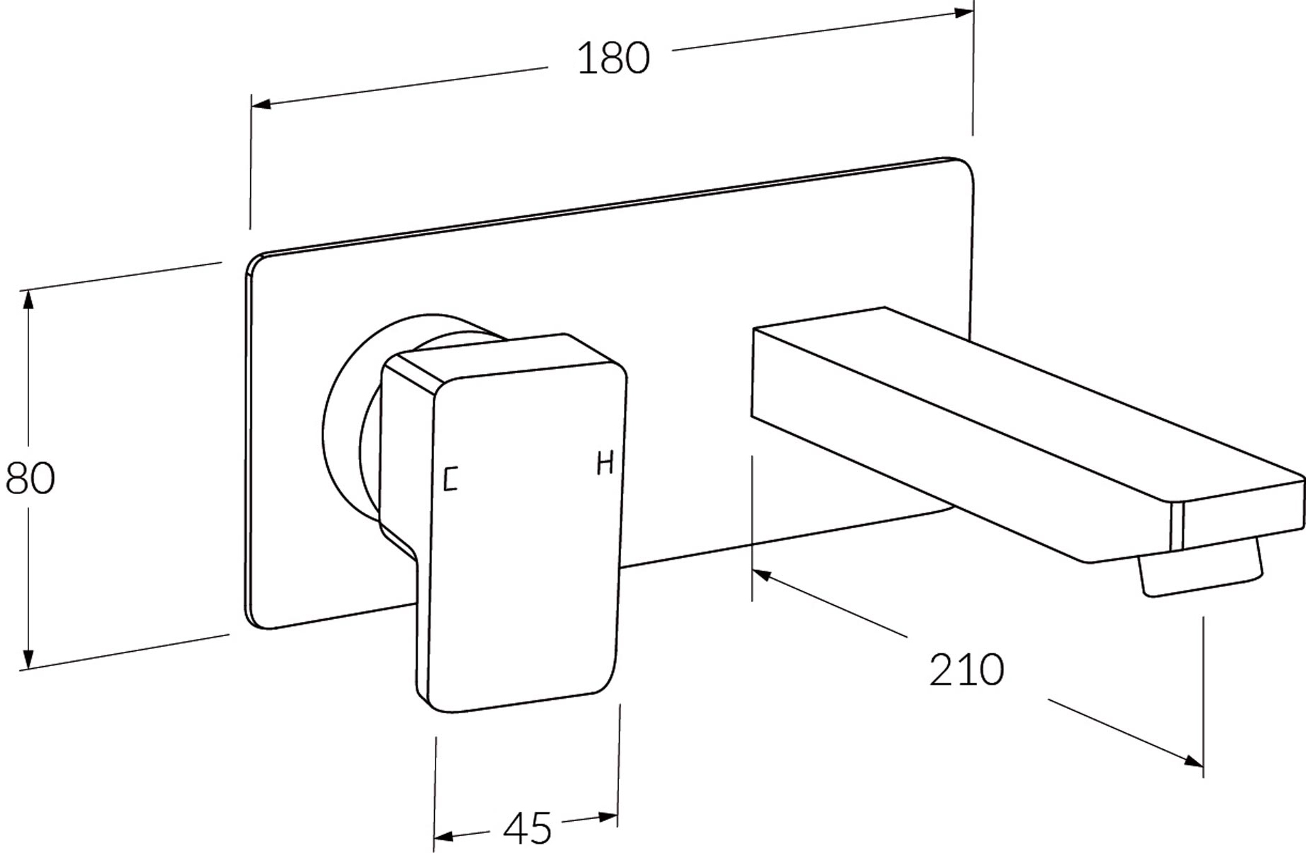 Sussex Suba Lever Wall Bath Mixer Outlet System Lh 210mm Outlet