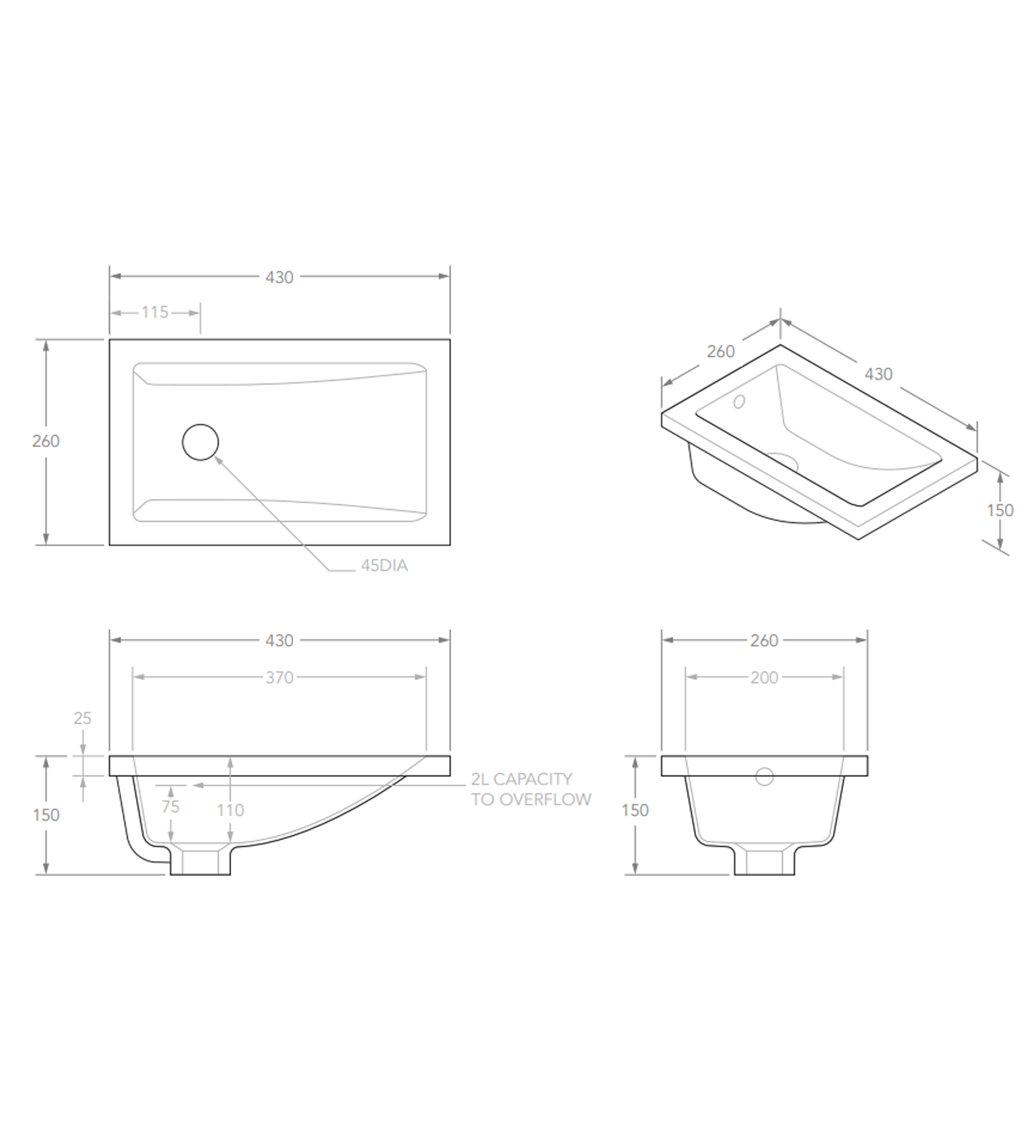 ADP Bo 430mm Ceramic Under Counter Basin, Gloss White