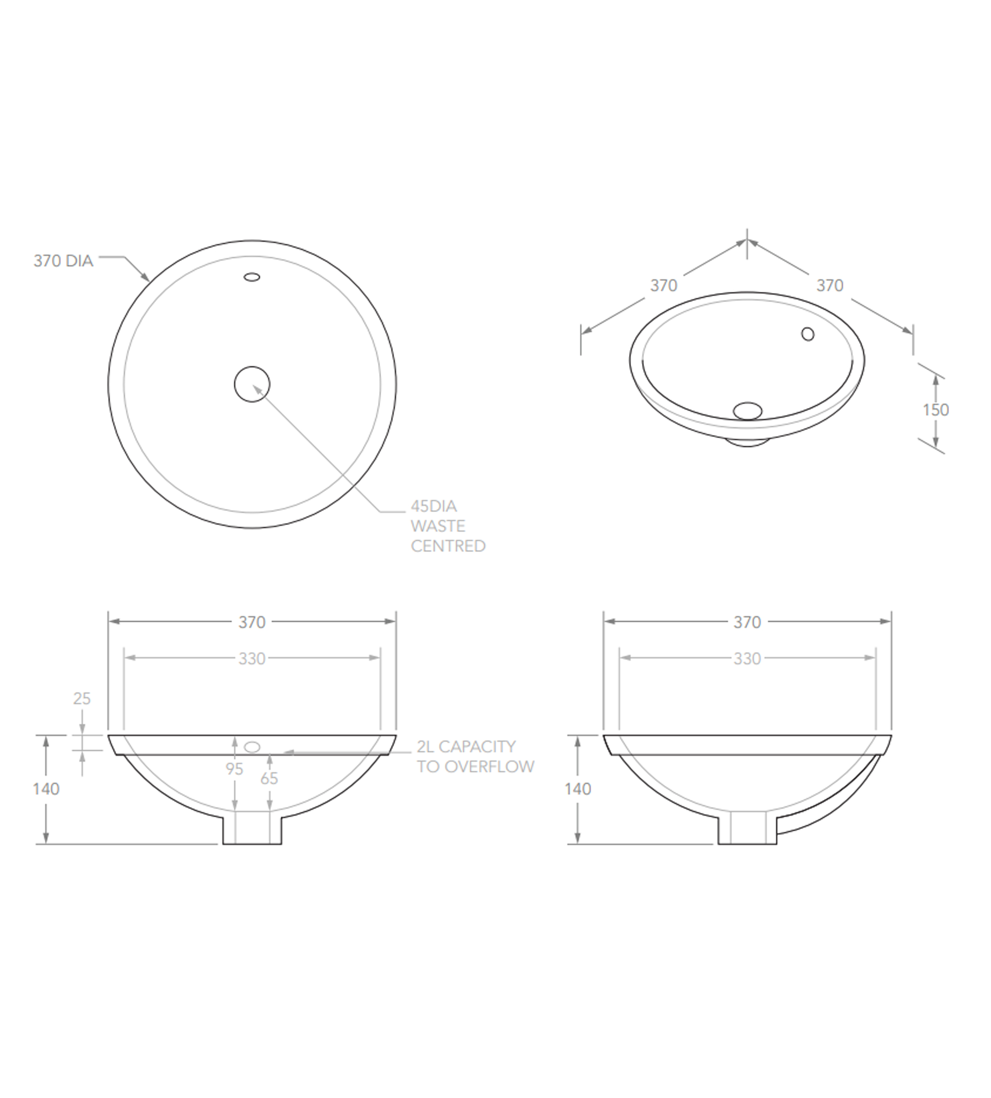 ADP Round 370mm Ceramic Under Counter Basin, Gloss White