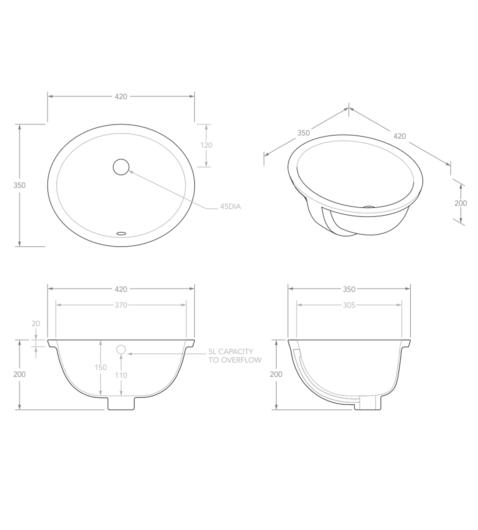 ADP Oval 420mm Ceramic Under Counter Basin, Gloss White