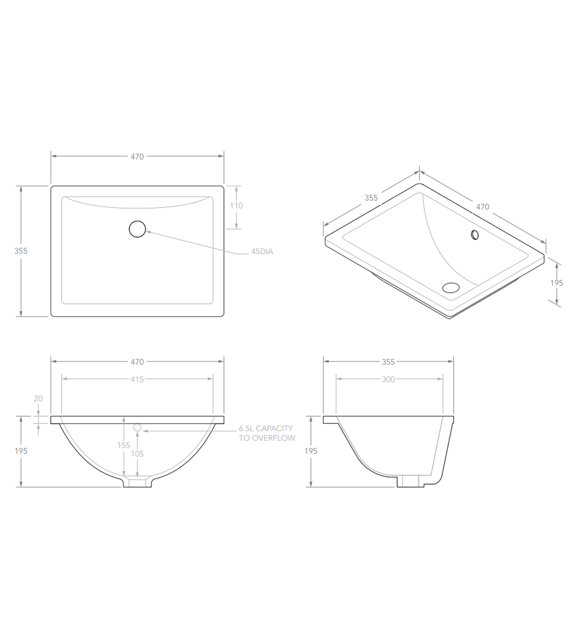 ADP Dish 470mm Ceramic Under Counter Basin, Gloss White