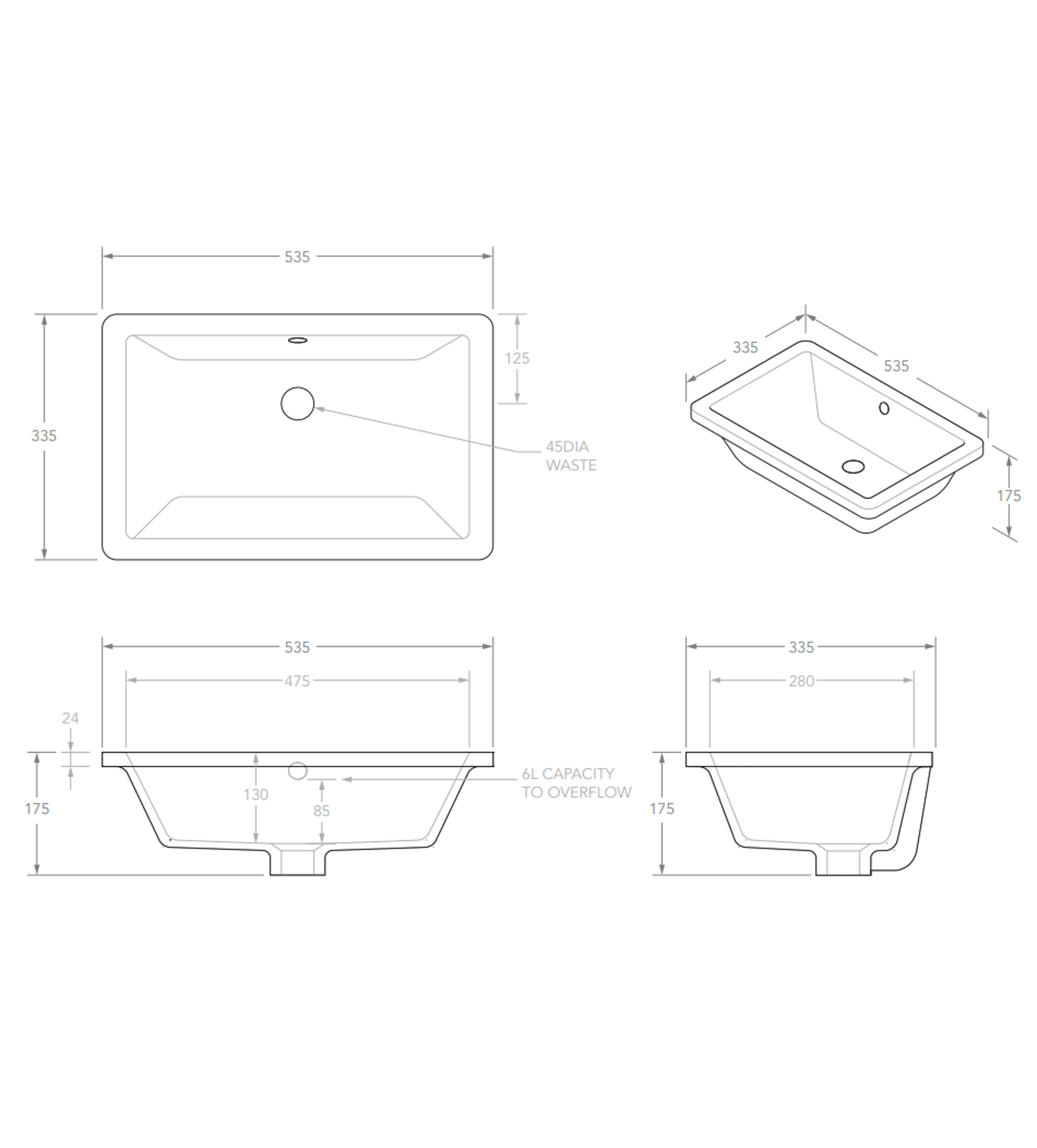 ADP Link 535mm Ceramic Under Counter Basin, Gloss White