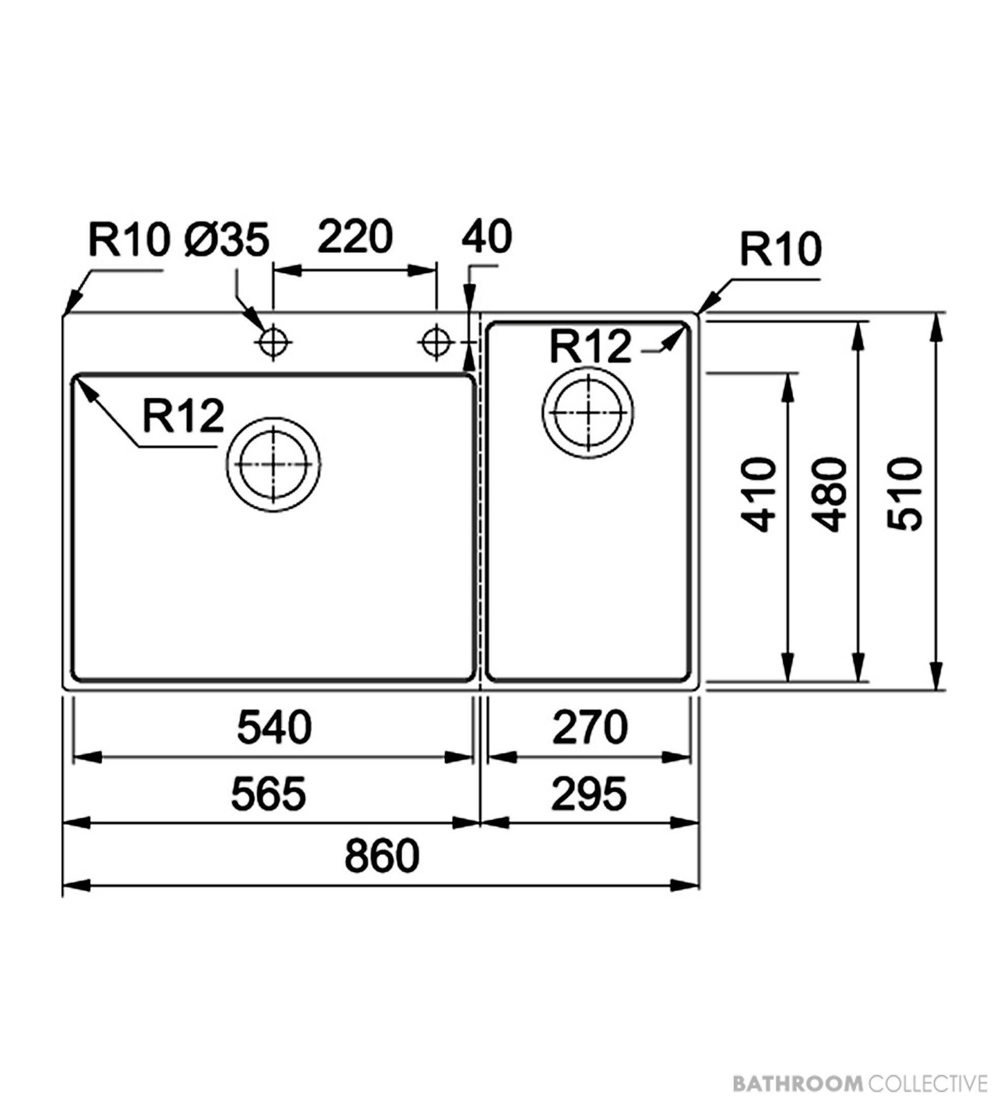 Franke Box Centre Flushmount Double Bowl Sink 860mm, SBL, HOF, Stainless BWX220-54/27 SBL