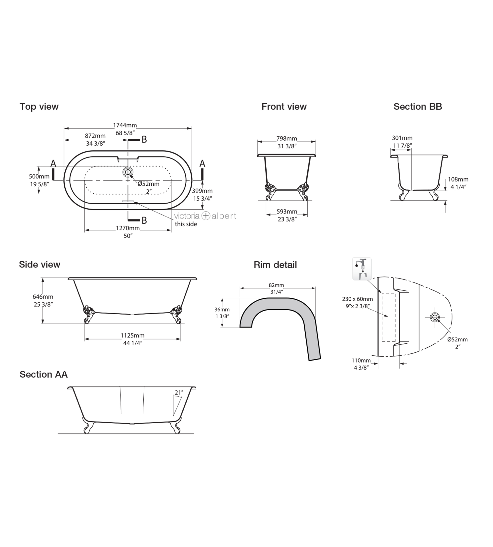 Victoria & Albert Cheshire 1744mm Stone Bath with Ball + Claw Feet, Polished Brass
