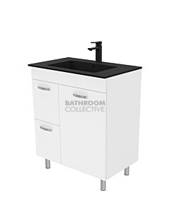 Fienza - Montana Black On Legs Vanity Left Drawers, Solid Surface Top, White Gloss 750mm 1 Tap Hole