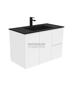 Fienza - Montana Black Wall Hung Vanity Right Drawers, Solid Surface Top, White Gloss Fingerpull 900mm 1 Tap Hole