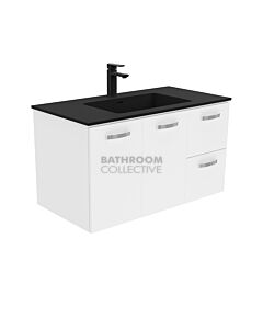 Fienza - Montana Black Wall Hung Vanity Right Drawers, Solid Surface Top, White Gloss 900mm 1 Tap Hole