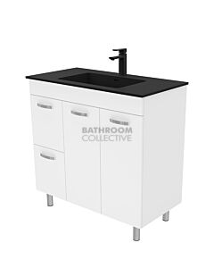 Fienza - Montana Black On Legs Vanity Left Drawers, Solid Surface Top, White Gloss 900mm 1 Tap Hole