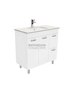 Fienza - Sarah Roman Sand On Legs Vanity Right Drawers, Stone Top, White Gloss 900mm 1 Tap Hole