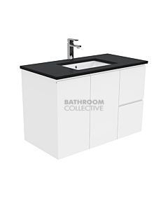 Fienza - Sarah Black Sparkle Wall Hung Vanity Right Drawers, Stone Top, White Gloss Fingerpull 900mm 1 Tap Hole