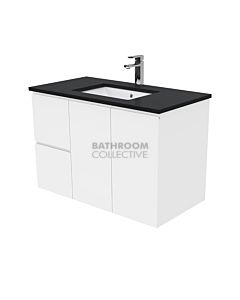 Fienza - Sarah Black Sparkle Wall Hung Vanity Left Drawers, Stone Top, White Gloss Fingerpull 900mm 1 Tap Hole