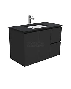 Fienza - Sarah Black Sparkle Wall Hung Vanity Right Drawers, Stone Top, Black Gloss Fingerpull 900mm 1 Tap Hole
