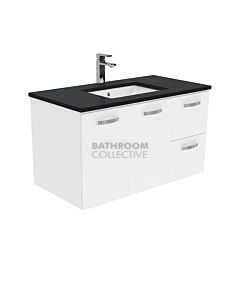 Fienza - Sarah Black Sparkle Wall Hung Vanity Right Drawers, Stone Top, White Gloss 900mm 1 Tap Hole