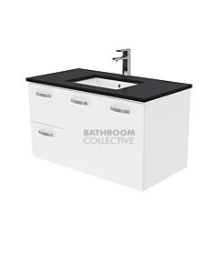 Fienza - Sarah Black Sparkle Wall Hung Vanity Left Drawers, Stone Top, White Gloss 900mm 1 Tap Hole