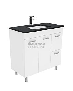 Fienza - Sarah Black Sparkle On Legs Vanity Right Drawers, Stone Top, White Gloss 900mm 1 Tap Hole