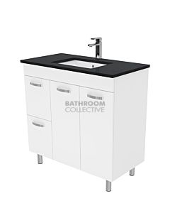 Fienza - Sarah Black Sparkle On Legs Vanity Left Drawers, Stone Top, White Gloss 900mm 1 Tap Hole