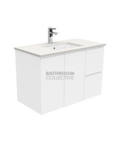 Fienza - Sarah Crystal Pure Wall Hung Vanity Right Drawers, Stone Top, White Gloss Fingerpull 900mm 1 Tap Hole