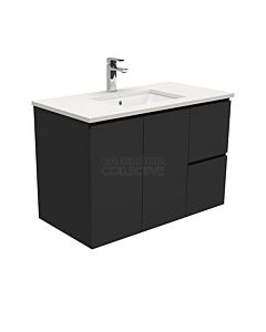 Fienza - Sarah Crystal Pure Wall Hung Vanity Right Drawers, Stone Top, Black Gloss Fingerpull 900mm 1 Tap Hole