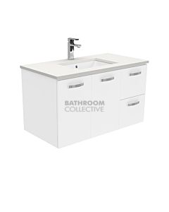 Fienza - Sarah Crystal Pure Wall Hung Vanity Right Drawers, Stone Top, White Gloss 900mm 1 Tap Hole