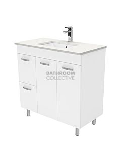 Fienza - Sarah Crystal Pure On Legs Vanity Left Drawers, Stone Top, White Gloss 900mm 1 Tap Hole