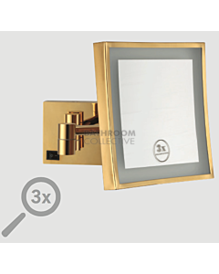 Ablaze - Square Wall Shaving/Make Up Mirror with Cool Light Concealed Wiring 3x Magnification GOLD