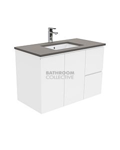 Fienza - Sarah Dove Grey Wall Hung Vanity Right Drawers, Stone Top, White Gloss Fingerpull 900mm 1 Tap Hole