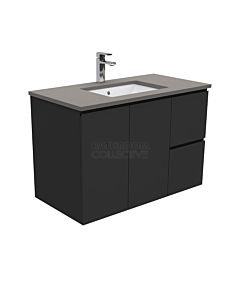 Fienza - Sarah Dove Grey Wall Hung Vanity Right Drawers, Stone Top, Black Gloss Fingerpull 900mm 1 Tap Hole