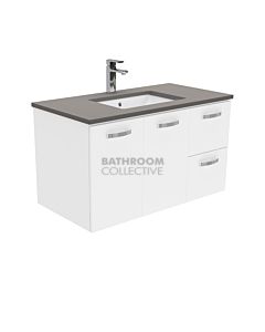 Fienza - Sarah Dove Grey Wall Hung Vanity Right Drawers, Stone Top, White Gloss 900mm 1 Tap Hole