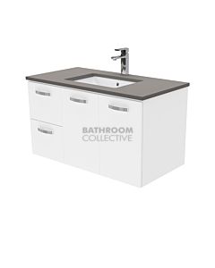 Fienza - Sarah Dove Grey Wall Hung Vanity Left Drawers, Stone Top, White Gloss 900mm 1 Tap Hole