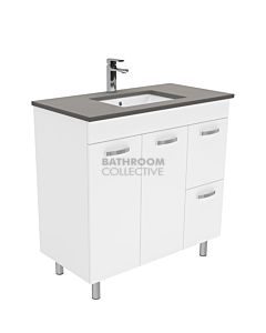 Fienza - Sarah Dove Grey On Legs Vanity Right Drawers, Stone Top, White Gloss 900mm 1 Tap Hole