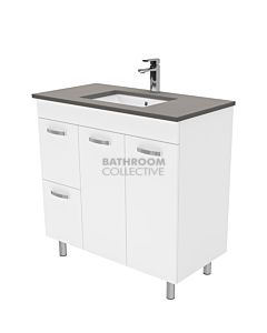 Fienza - Sarah Dove Grey On Legs Vanity Left Drawers, Stone Top, White Gloss 900mm 1 Tap Hole