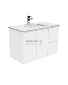 Fienza - Sarah Bianco Marble Wall Hung Vanity Right Drawers, Stone Top, White Gloss Fingerpull 900mm 1 Tap Hole
