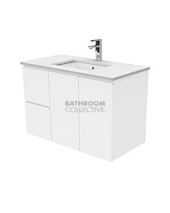 Fienza - Sarah Bianco Marble Wall Hung Vanity Left Drawers, Stone Top, White Gloss Fingerpull 900mm 1 Tap Hole
