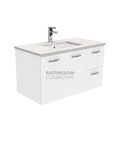 Fienza - Sarah Bianco Marble Wall Hung Vanity Right Drawers, Stone Top, White Gloss 900mm 1 Tap Hole