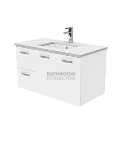 Fienza - Sarah Bianco Marble Wall Hung Vanity Left Drawers, Stone Top, White Gloss 900mm 1 Tap Hole