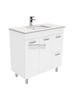 Fienza - Sarah Bianco Marble On Legs Vanity Right Drawers, Stone Top, White Gloss 900mm 1 Tap Hole