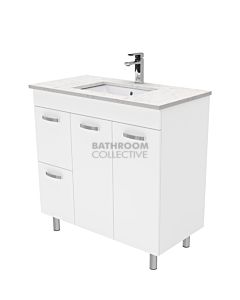 Fienza - Sarah Bianco Marble On Legs Vanity Left Drawers, Stone Top, White Gloss 900mm 1 Tap Hole