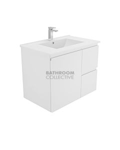 Fienza - Dolce Wall Hung Vanity Right Drawers, Ceramic Top, Fingerpull, White Gloss 750mm 1 Tap Hole