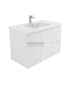 Fienza - Dolce Wall Hung Vanity Right Drawers, Ceramic Top, Fingerpull, White Gloss 900mm 1 Tap Hole