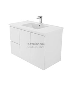 Fienza - Dolce Wall Hung Vanity Left Drawers, Ceramic Top, Fingerpull, White Gloss 900mm 1 Tap Hole