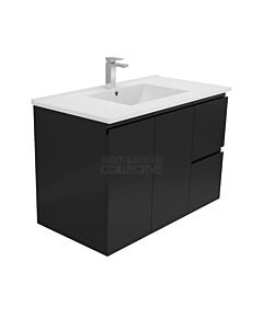 Fienza - Dolce Wall Hung Vanity Right Drawers, Ceramic Top, Fingerpull, Black Gloss 900mm 1 Tap Hole