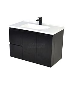 Fienza - Vanessa Wall Hung Vanity Left Drawers, Poly Marble Top, Fingerpull Gloss Black 900mm 1 Tap Hole