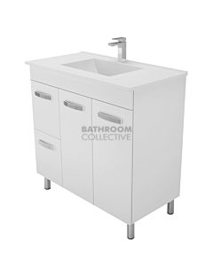 Fienza - Vanessa On Legs Vanity Left Drawers, Poly Marble Top, White Gloss 900mm 1 Tap Hole