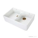1901 800mm Fireclay Double Butler Sink with Taphole, White, Brushed Gold Waste