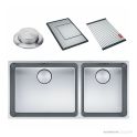 Franke Mythos Top, Flush & Under Mount 1 & 1/2 Double Bowl Sink 895mm, SBR, PB835, RM081, DT288, Stainless MYX220-50/34FPCSBR