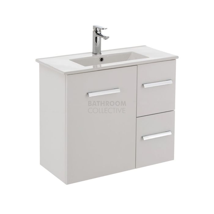 Fienza - Delgado Wall Hung Skinny Depth Vanity, Ceramic Top, Right Drawers, Gloss White 750mm 1 Tap Hole