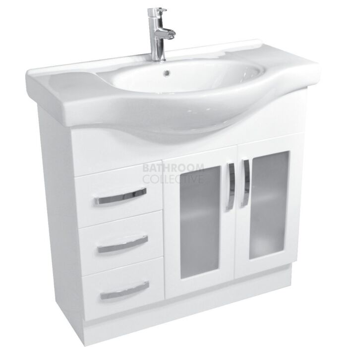 Fienza - Antonio Freestanding Vanity, Semi-Recessed Ceramic Top, Glass Doors, White 900mm, Left Drawers, 1 Tap Hole