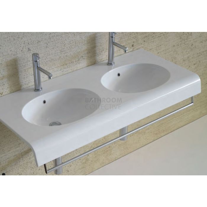 Timberline - Double Bowl Plus 1100mm Wide Wall Basin or Vanity Top with Front Rail