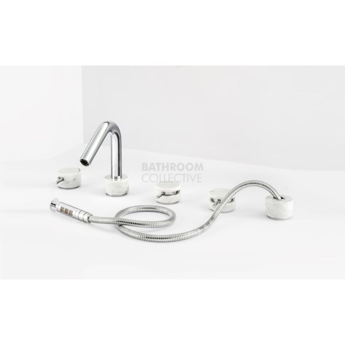 Paco Jaanson - Marmo 5 Hole Hob Mounted Bath Filler With Shower Lever Tap Set Chrome with White Carrara