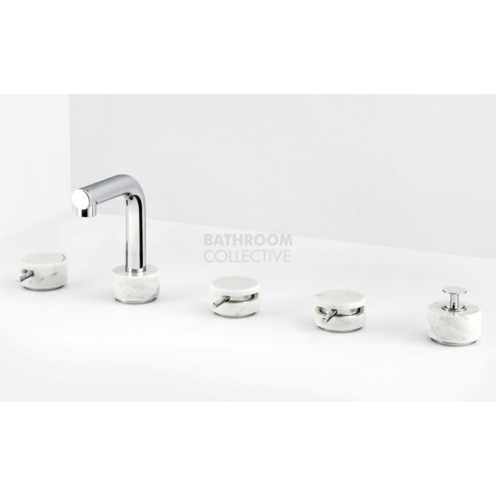 Paco Jaanson - Marmo L 5 Hole Hob Mounted Bath Filler With Shower Lever Tap Set Chrome with White Carrara